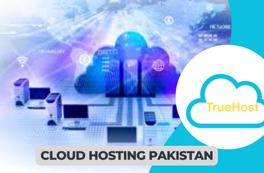 a graphic of clouds and servers, truehost logo and the title cloud hosting pakistan