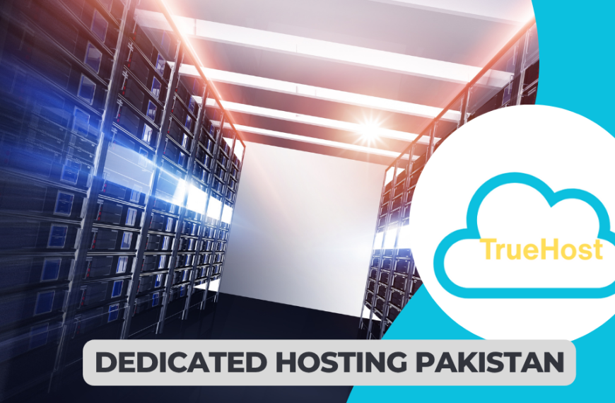 a dedicated server room and the title, dedicated hosting pakistan and the truehost logo