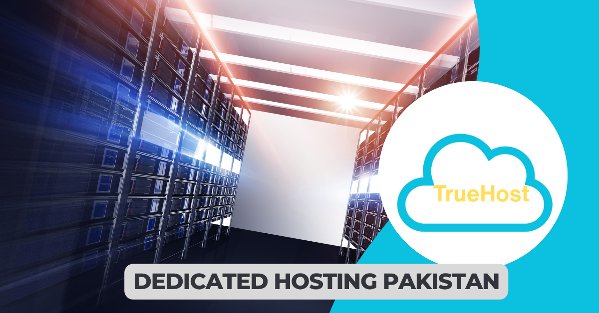 a dedicated server room and the title, dedicated hosting pakistan and the truehost logo