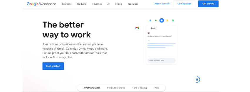 screenshot of google workspace homepage, a email hosting services provider
