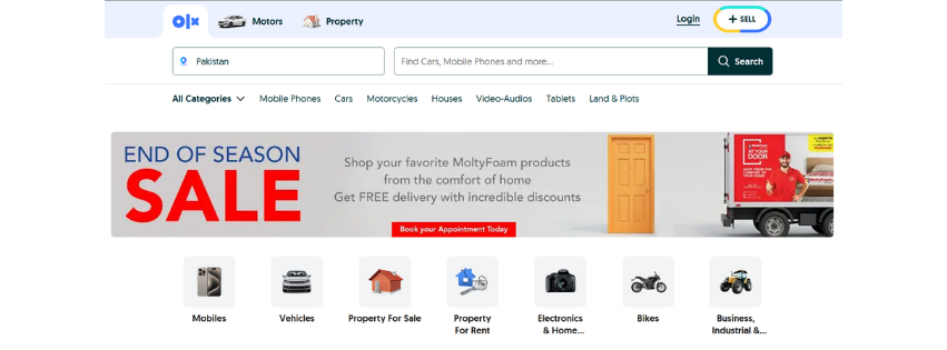 a screenshot fo the olx pakistan homepage a platform you sell refurbrished laptops