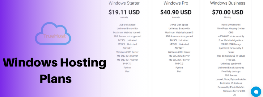 The windows hosting plan screenshot