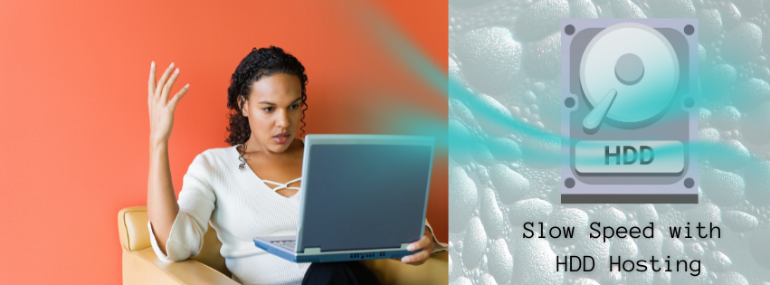 a frustrated woman using her laptop and a hdd disk