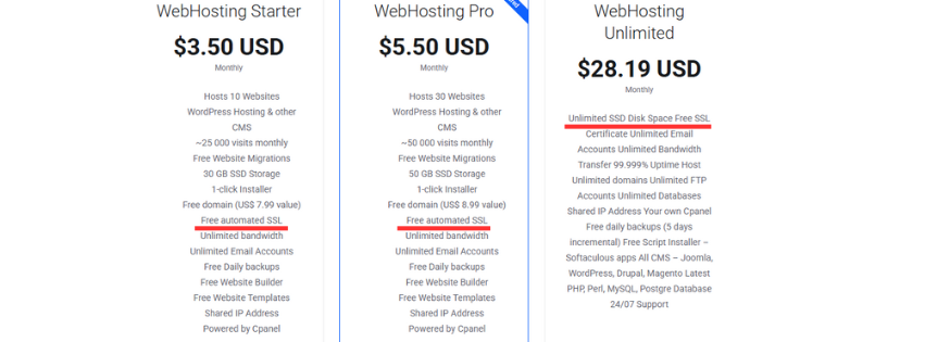 the truehost web hosting plan screenshot with free ssl certificates
