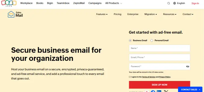 image showing the homopage of zoho mail