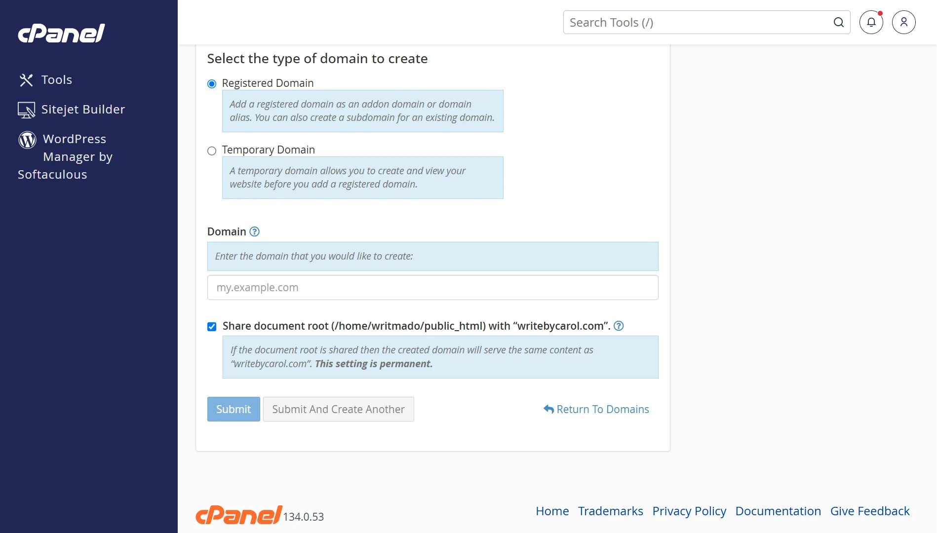 How To Create An Addon Domain- submit details