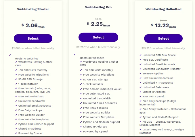 Truehost web hosting  plans and pricing 