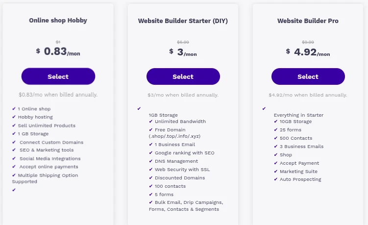 Truehost website builder plans and pricing