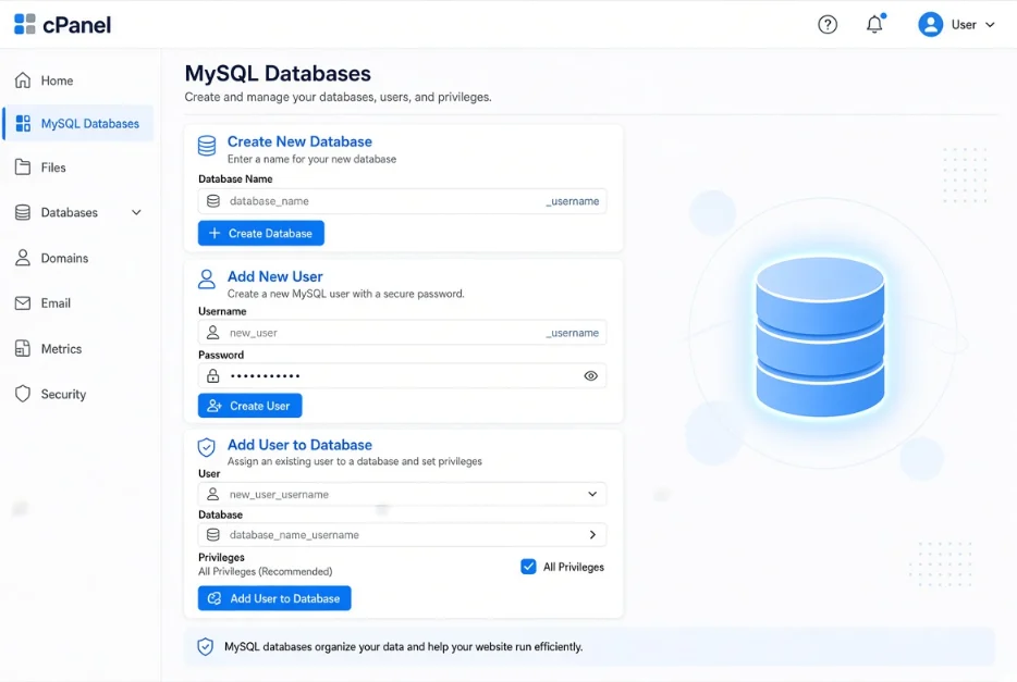 How to create a MySQL database in cPanel for a database driven website
