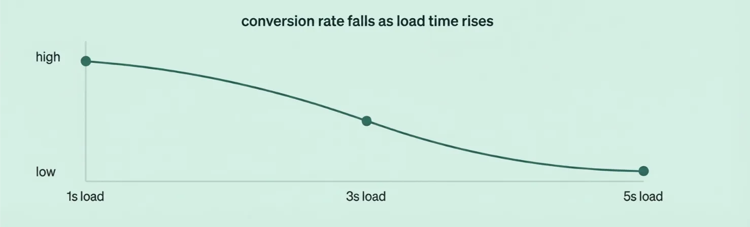 Page load time vs conversion rate showing decline from 1 second to 5 second load times