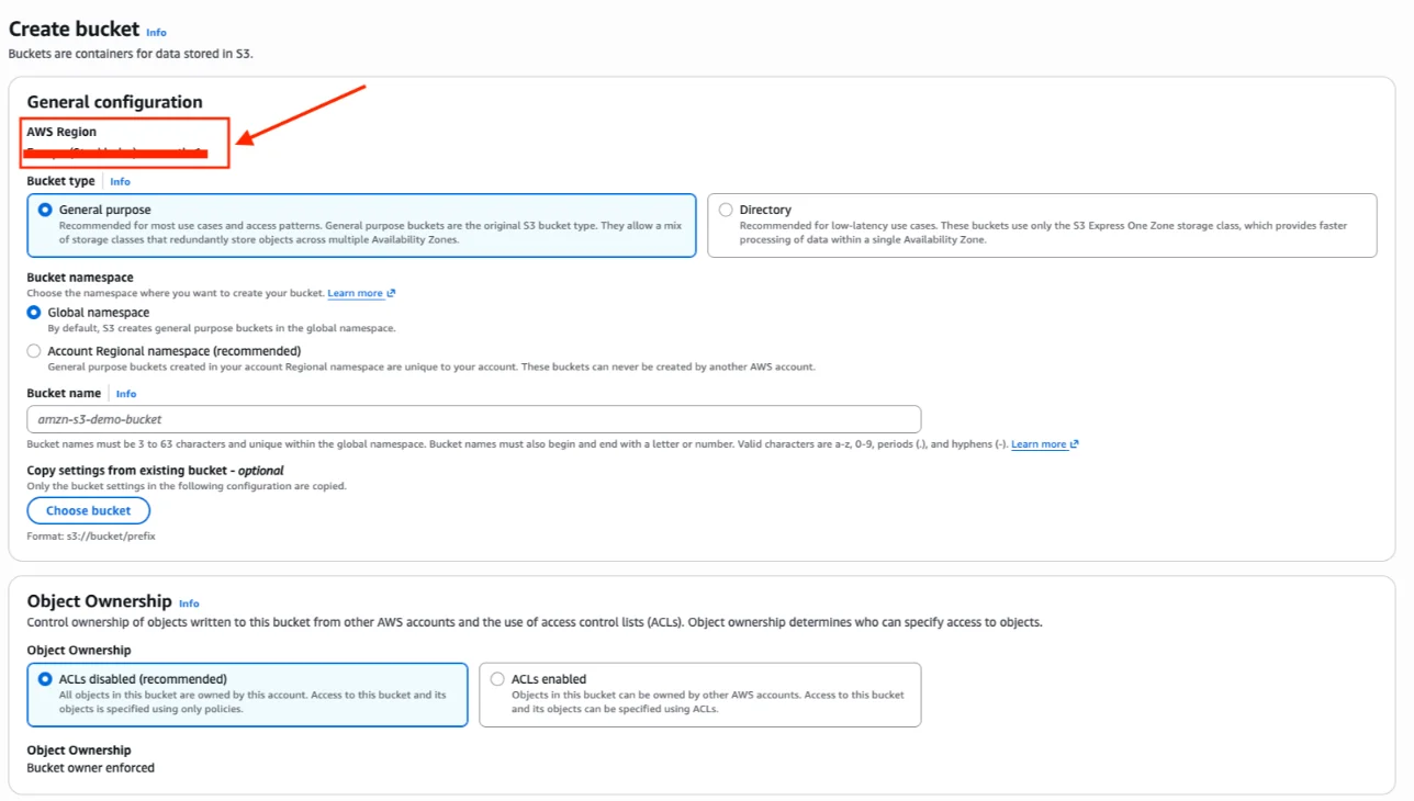 S3 Create bucket form showing AWS Region, General purpose bucket type, Global namespace and bucket name field