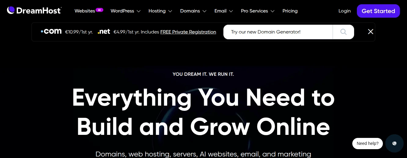 Dreamhost webhosting plans and pricing