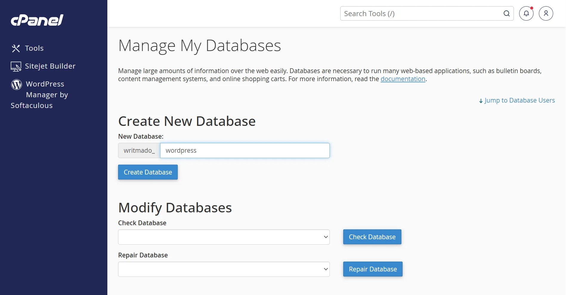 Host a WordPress Website on cPanel- new database