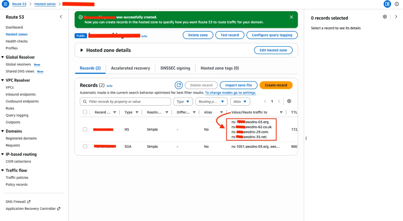 Route 53 hosted zone created successfully, with the four NS records to copy to your domain registrar