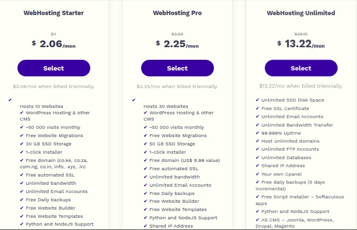 Truehost hosting plans and pricing