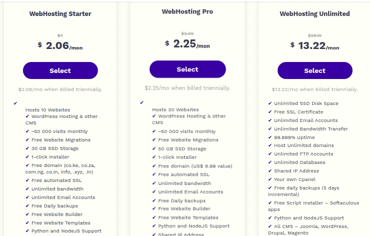 Truehost shared hosting plans and pricing