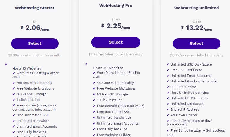 Truehost web hosting plans and pricing