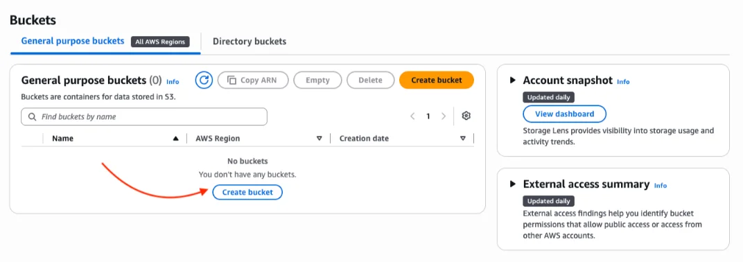 Amazon S3 Buckets page with the Create bucket button, the first step to host a website on AWS