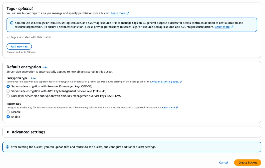 S3 Default encryption set to SSE-S3 with the Create bucket button at the bottom of the form