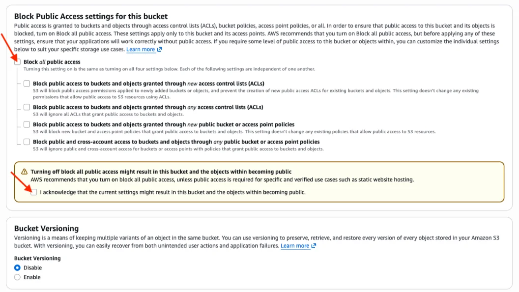 S3 Block Public Access settings with Block all public access ticked, to be unticked for a static website